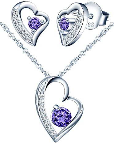 Yumilok Schmuckset Damen 925 Sterling Silber Halskette & Ohrringe Set, Herz Anhänger mit 45cm Kette & Ohrstecker mit blau Zirkonia für Mädchen