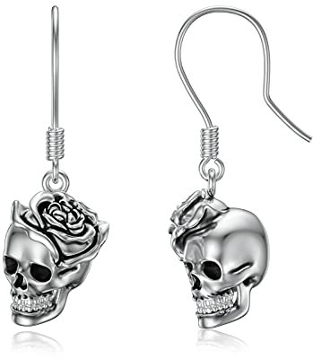 Shusukue Totenkopf Ohrringe Silber 925 Hängend, Totenkopf Geschenke Damen Schädel Rose Gothic Ohrringe, Gothic Geschenk für Goth-Liebhaber Frau Halloween