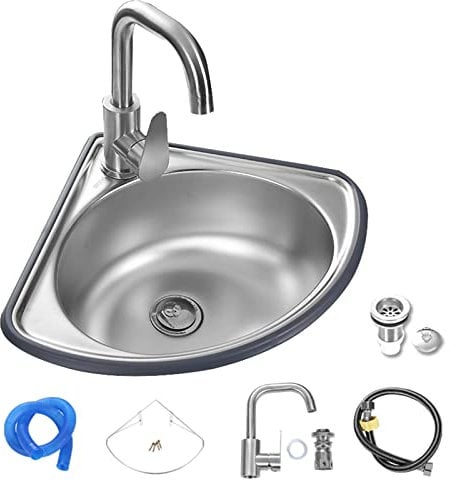 YZJJ Evier Plonge INOX Cuisine d'angle Petit évier Mural Acier Inoxydable à Une Seule cuve Lavabo Triangulaire Petit évier d'angle pour Toilettes Salle Bain Cuisine (avec Robinet et Tuyau d'entrée)