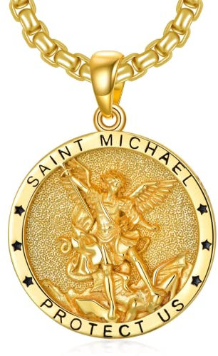 Shusukue St. Michael Kette, Erzengel Saint Michael Amulett Schutzpatron Halskette 925 Sterling Silber, Medaillen Gebetsmünzen Anhänger Christlicher Religiöser Schmuck für Frauen Männer (Gold)
