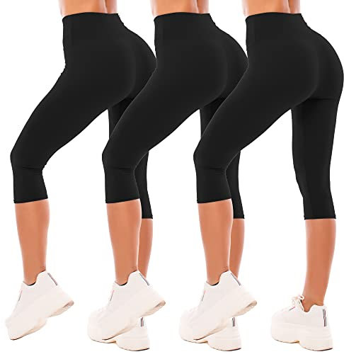 SINOPHANT Leggings Damen 3/4 High Waist Elastische Blickdicht Große Größen Leggins (#3er Pack Schwarz/Schwarz/Schwarz, S-M)