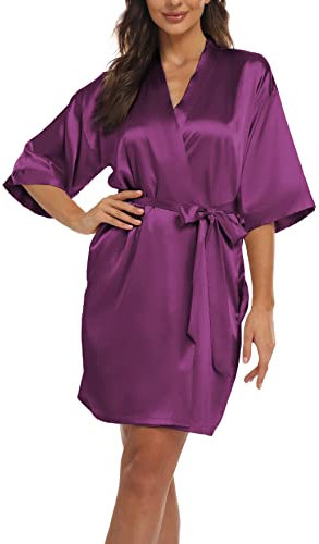 Teemie Peignoir de Bain Femme Satin Kimono Court Robe de Chambre Chemise de Nuit Mariée Mariage Veste de Pyjama Violet Foncé L