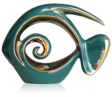 Grüne goldene Keramik-Fischfiguren – Küstendekoration für Wohnzimmer, Esszimmer, Badezimmer, Büro, Couchtisch, Strandhaus, nautisch, Meer, Eingang, Regal