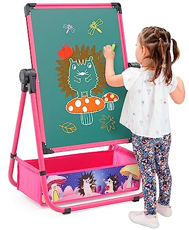 Arkyomi Kinderstaffelei, Stehende Maltafel aus Eisen, Höhenverstellbares Doppelseitiges Kunstzeichenbrett, um 360 Grad Drehbare Kreidetafel für Kinder mit stift buchstaben zubehör