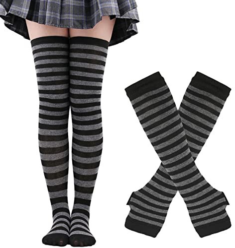 Thajaling Damen Gestreifte Warme Fingerlose Handschuhe und Kniehohe Socken Set, Mädchen Cosplay Lange Socken Hole Fäustlinge für Halloween (Grau/Schwarz)