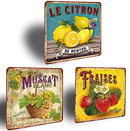 XIAOMA Lot de 3 Plaque Vintage Fraises Citron Muscat – Cadeau pour la Cuisine Restaurant Maison,Panneau en Métal,Retro Affiche Pancarte Murale Décoration 30,5x30,5cm