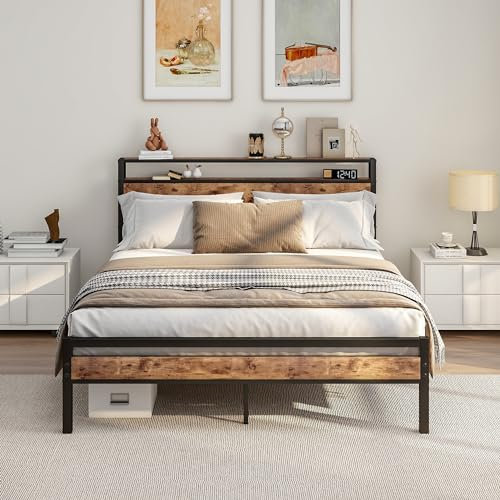 HOJINLINERO King Size Bed Frame with Storage Wooden Headboard,Bed 150x200 cm,Metal Bed Frame Kingsize Bed Base Mattress Foundation,Metal Slats Support,Platform Bed Frame Double Bed,Black+Rustic Brown