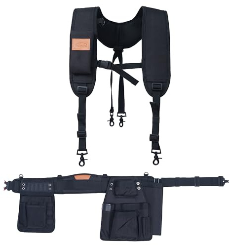 Perkins Builder Brothers Essential Tool Belt Set with Suspenders, Ideal for Framers, Carpenters and Contractors, Small Size, Black