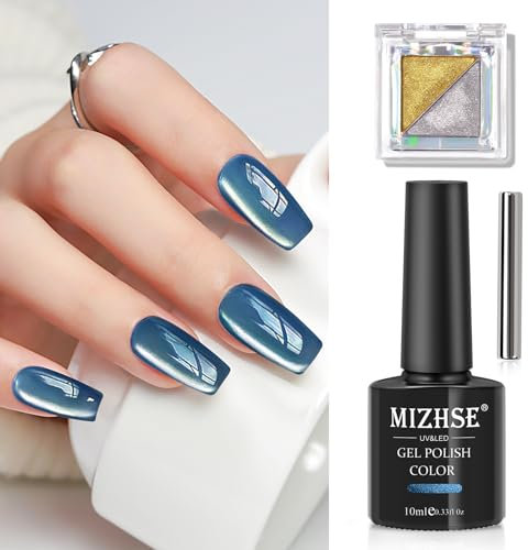 MIZHSE Cat Eye UV Cel Nagellack Set 10ml Cateye UV Gel Maillard Cateye Magnet Nagellack Cat Eye Gel mit 1 Magnet, Chrome Nail Powder Silber Gold Mirror Effect Chrom Pulver Gel Lacke Für UV Lampe