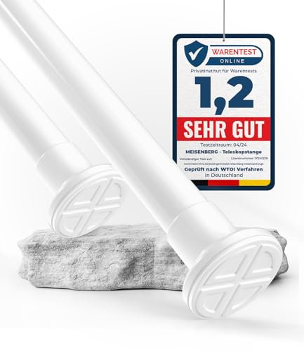 MEISENBERG Gardinenstange zum Klemmen 90-160cm, Weiß, Ø 25 mm, Duschstange ohne Bohren - Teleskopstange - Vorhangstange für Fenster, Dusche und Trennwand
