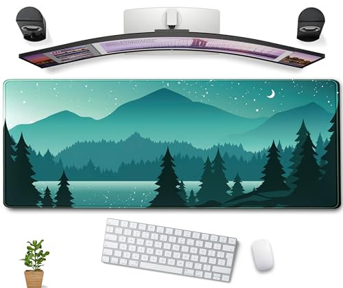 Aesthetics Sunset Mountains Green Desk Mat Mousepad, XL Large Gaming Mouse Pad, Cute Anime Moon Desk Pad Mouse Mat Girl Women Office Desk Decor Laptop Keyboard Mat with Stitched Edges 31.5''x11.8''