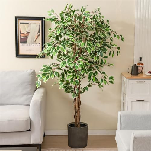 TANGZON 5FT/6FT Artificial Ficus Tree, Indoor Fake Ficus Plant in Pot with 1008 Lifelike Leaves, Replica Faux Potted Plant for Home Living Room Office Balcony Decor (1, Green + White, 160CM/5FT)