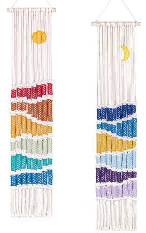 Lsimeru 2 Stück Makramee Wandteppich Lang Schmal Sonne Mond Klein Makramee Wandbehang Berge Bergesee See Gewebte Wandtücher Abstract Landschaft Tapisserie Wanddeko