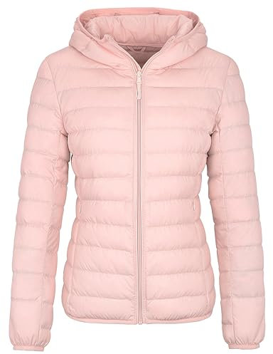 Wantdo Piumino Leggero Ripiegabile Giacca con Cappuccio Antivento Giubbotto Corto Slim Fit Giacca da Montagna Caldo Mezza Stagione Donna Avorio Rosa S