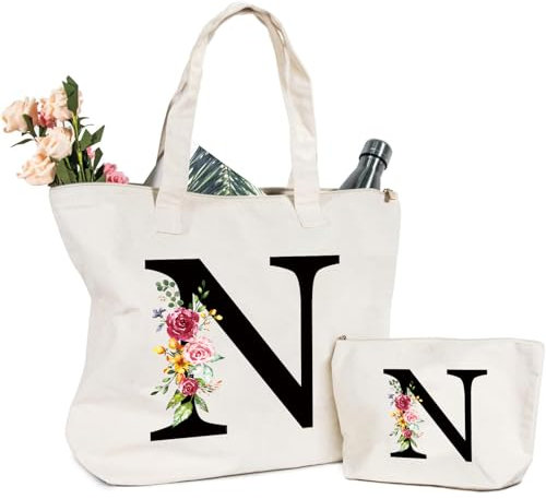 Tragetasche und Kosmetiktasche mit Initial, Canvas Einkaufstasche mit Reißverschluss, Personalisiert Initialen Baumwolltasche Geschenk für Freundin Frau Mama Schwester Geburtstag Hochzeit Muttertag N