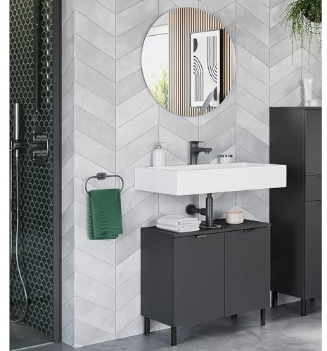 Lomadox Waschplatz Badezimmer Set Waschbeckenunterschrank 60cm Spiegel rund Graphit