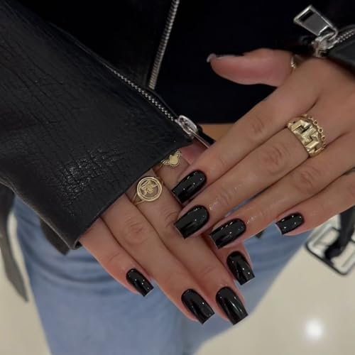 Boloshine French False Nails - 24Pcs Square Press-on Nails With Gel Stickers, Removable Acrylic Stick-on French Tip Nails (Midnight Black)