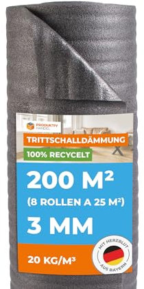 Trittschalldämmung 3mm Profi Basic 200m² | recycelte PE-Schaumfolie | 8 Rollen als Laminat- und Parkettunterlage zur Wärmedämmung | Fußbodenheizung geeignet