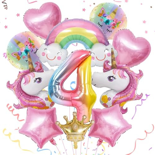MACULPER Einhorn Luftballons 4 jahre Einhorn Deko Kindergeburtstag Folienballon Geburtstag Einhorn Regenbogen Deko Kindergeburtstag für 4 Jährige Mädchen