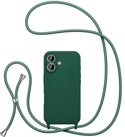 UEEBAI Lanyard Case for iPhone 16 6.1, Crossbody Liquid Phone Cover Necklace Cord Strap Soft Shockproof Protective Case - Dark Green