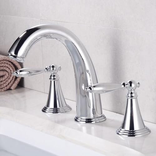 EXHOYAJB Robinets mélangeurs de lavabo à 3 Trous, Robinet d'évier de Salle de Bains, robinets de lavabo en Laiton à Double poignée d'eau Chaude et Froide-Chrome