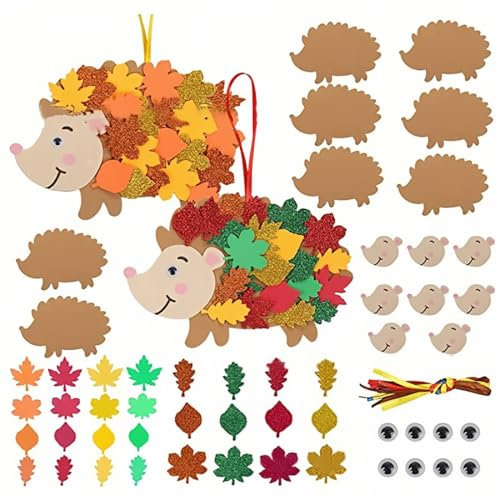 NJCXOLA 8 Igel Bastelsets für Kinder, Herbst Kreativsets zum Basteln, Ahornblatt Bastelset für Deko Anhänger Igel, DIY Filz Herbst Basteln Herbstkranz Ornamente für Weihnachten