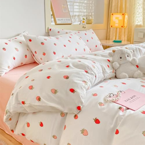 Nayoroom Bettwäsche 135x200 4teilig Weiß mit Rot Erdbeer Muster Bettbezug Mädchen Erdbeere Gestreift Aesthetic Cute Renforce Mikrofaser Bettwäsche-Sets mit Reißverschluss und 2 Kissenbezüge 80x80