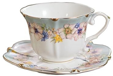 FUENYEJIA 200ML English Porcelain　Ceramic Coffee Cup, European-Style Patterned Tea Cup and Saucer Set, Retro Luxury Gold-Trimmed Afternoon Tea Cup(Cornflower)