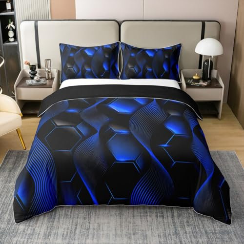 Royal Blue Honeycomb 100% Baumwolle Bettwäsche Set 135x200,Geometrisch Gestreifte Sechseckige Bettbezug Jungen Mädchen Neon Lichter Gradient Bettbezug,Hexagon Ombre Komfortbezug mit Reißverschluss