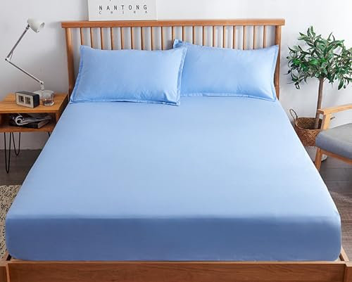 Grewod Spannbettlaken 120x200 Höhe 10 cm, Baumwolle Spannbetttuch Blau Bettlaken Einfarbig Spannleintuch