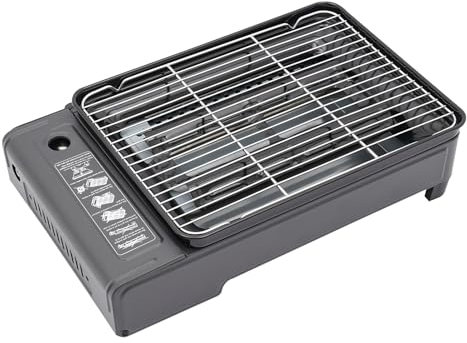 Tragbarer Tischgrill Gas, Camping Grillset BBQ Set Gaskocher Campingkocher mit Grillnetz Kassettengrill mit Grillpfanne Outdoor Gaskocher Gasgrill mit Koffer