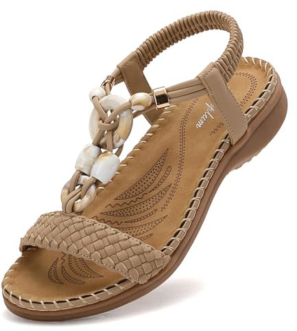 Littleplum Damen Sandalen Frauen Sommersandalen Flache Bequem Sandaletten,SBeige,39 EU