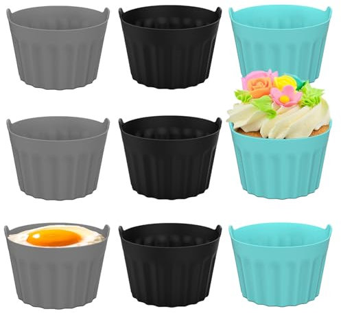 Melearch Ramekins for Air Fryer, Food Grade Silicone Egg Poacher Cups, Muffin Cupcake Cases Mould, Pack of 9, 3 Colors