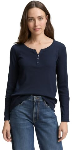 TOM TAILOR Damen Henley Longsleeve mit Streifenmuster
