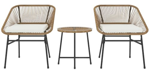 Outsunny 3 Pieces Rattan Bistro Set with Cushions Outdoor Patio Natural | Wicker Small Garden Table and Chairs Set, Glass Top Coffee Table, Bistro Garden Furniture, Balcony