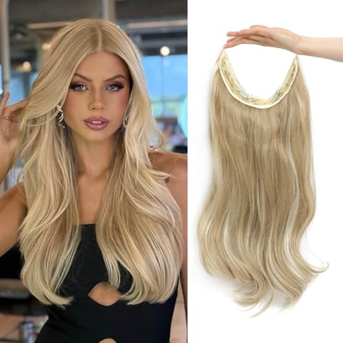 Flyroseing Halos Haarverlängerung mit transparentem Draht, gewellt, unsichtbarer Draht, blond, gemischte Strähnen, Haarteil, Kunstfaser, 45,7 cm