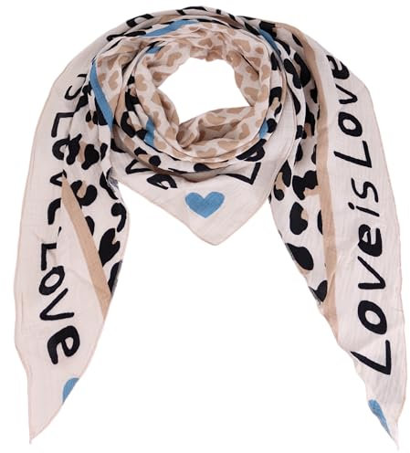Damen Musselin Halstuch Made in Italy mit Leo Love Happy– Leichtes Dreieckstuch für Frühling & Sommer, Baumwolle, ca.195x85 cm (Love Beige Taupe)