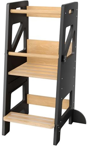 FIVMEN Lernturm ab 1 Jahr Learning Tower Tritthocker Kinder Höhenverstellbar Rutschfester mit Doppelter Sicherheitsbarriere Entdeckerturm Küchenhelfer, bis zu 60kg belastbar, Schwarz