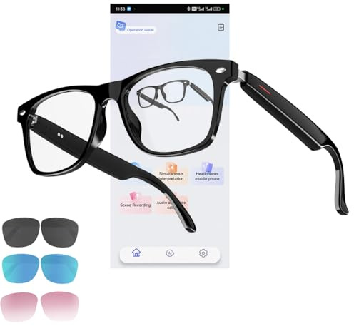 CatXQ AI Smart Glasses for Men & Women - Bluetooth Translation Glasses, Noise Cancelling Audio & Blue Light Filtering & Interchangeable Sunglass Lenses (Black/Blue/Pink) for Office & Outdoor - Black