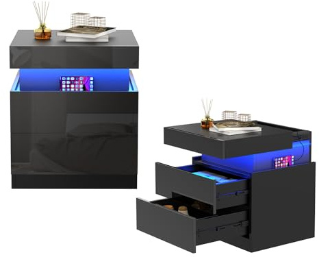 HaodaCulture Nachttisch 2er Set, Nachtschrank Schwarz mit 2 Schubladen, Nachtkommode mit USB, 2 AC Steckdosen, 2 USB Anschlüsse, Beistelltisch für Schlafzimmer, Hochglanz 45x40x52cm