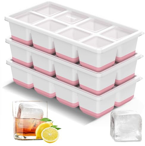 VEHHE Large Ice Cube Moulds-Pink, Silicone Ice Cube Tray with Lid for Freezer Easy Release&Stack, for Whisky, Cocktails, Drinks