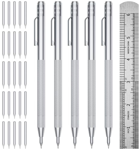 GCHMDE 5-Pack Tungsten Carbide Scriber, Metal Scribe Tool with 25 Replacement Marking Tips & Steel Ruler - Knurled Aluminum Handle & Magnet, Engraving Pen for Glass/Ceramics/Metal Sheet (5)