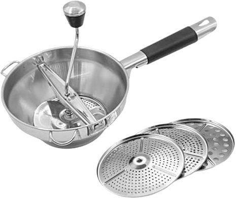 Edelstahl Passiermühle mit 3 Frässcheiben | Passiermühle für Suppe Marmelade Brei Saucen | Passiermühle groß für Tomatensoße, Apfelmus, Püree, Kartoffelpüree, Marmelade, Babynahrung