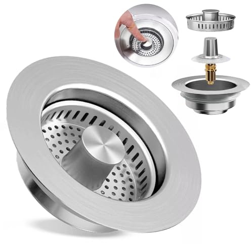 PXBSNB Abflusssieb Küchenspüle und Spülbecken Stöpsel, Pop-up 3 in 1 Abflusssieb, 304 Edelstahl Abflussfilter mit Anti Verstopfungs Korb, Spülbecken Sieb für Tiefe > 40MM Spülbecken Bohrung 75-86MM