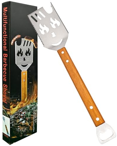 BBQ Grill Tools Set, 42cm Stainless Steel Spatula with Bottle Opener, Wooden Handle BBQ Accessories for Outdoor Grilling, Gifts for Men