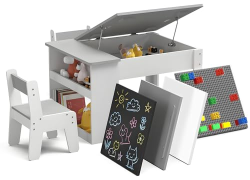 Multifunktionaler Kindertisch mit 2 Stühlen, Sicher & Ergonomisch, Spiel und Maltisch mit 4 Wechselplatten, Bausteinplatte, Kreidetafel & Whiteboard, inkl. Stauraum, für Kinder 3–8 Jahre, grau