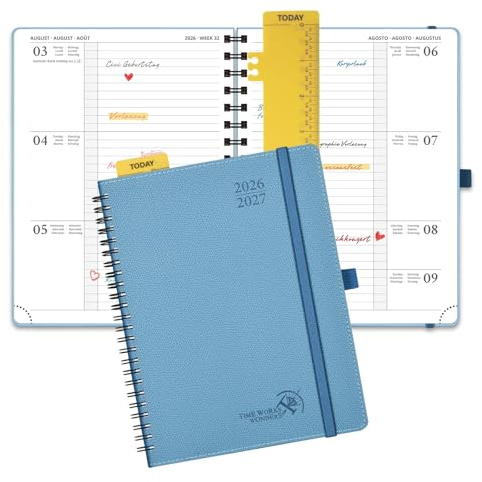 POPRUN Kalender 2026 2027 Spiralbuch Wochenplaner ca.A5(21,8 x 16,4cm) | 17-Monate-Terminplaner,(Aug.2026-Dez.2027),Horizontale mit Softcover,Wochenplaner 1 Woche 2 Seite(Aquamarinblau)