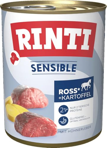 RINTI - Sensible | Nassfutter für Sensible, ausgewachsene Hunde mit natürlichen Fleischstücken. Getreidefreies Alleinfutter in der Dose ohne Zusatzstoffe | 6x800g Ross, Hühnerleber + Kartoffel