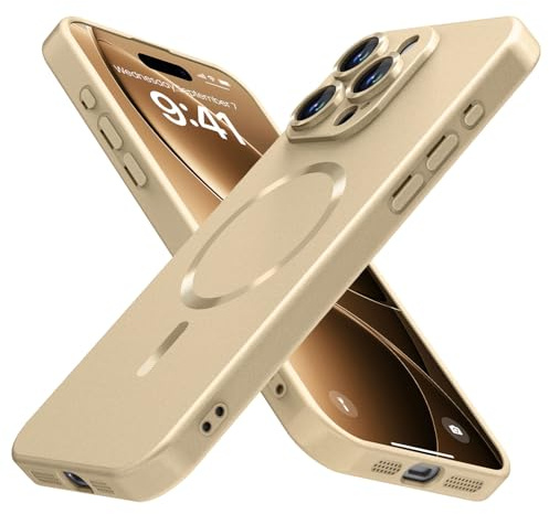 JOMA-E Shop Magnetic for iPhone 16 Pro Max Case [Compatible with MagSafe][Built-in Camera Lens Protector] Matte Soft Silicone Bumper Shockproof Metallic Luster Phone Shell (Gold)