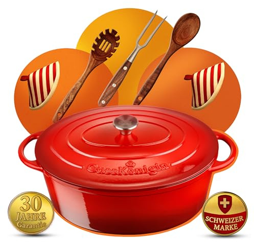 GUSSKÖNIGIN Bräter Gusseisen 34cm (XL)– Gusseisen-Topf & Schmortopf mit Deckel/Cocotte– Bräter & Schmortöpfe, Bräter mit Deckel backofengeeignet für Induktion & Ofen– inkl. Zubehör -30 jahr garantie